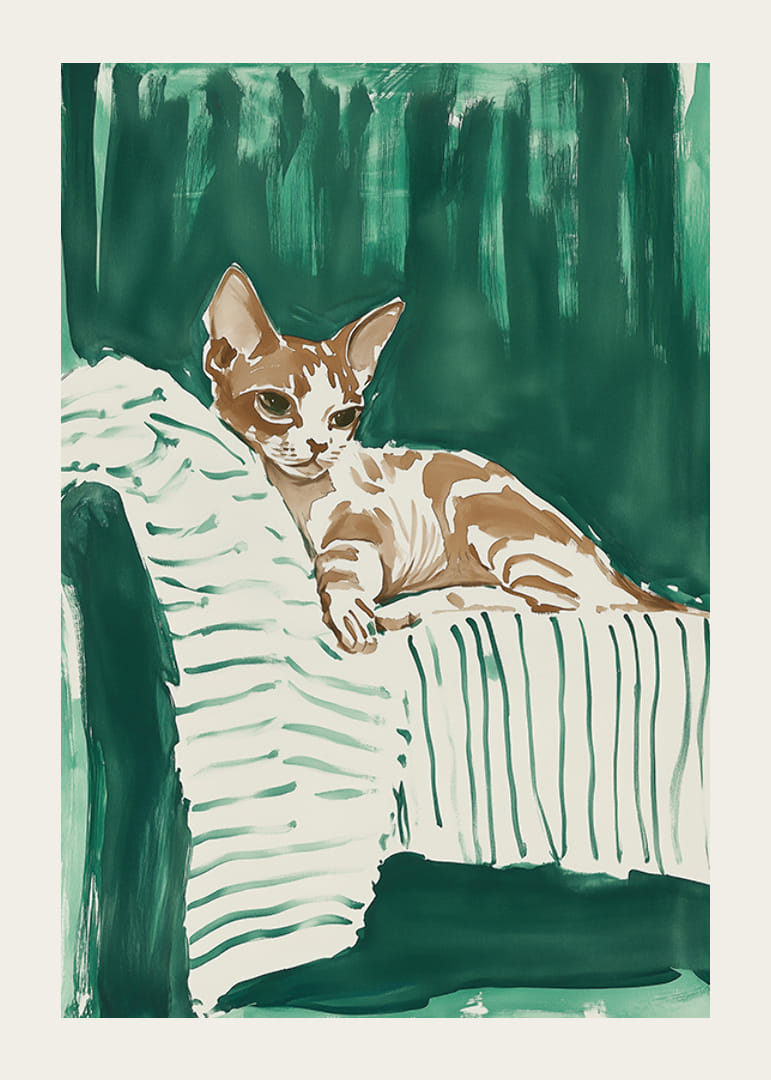 En plakat av en avslappet katt på et stripete teppe, som gir hjemmet ditt et harmonisk og stilig preg-12