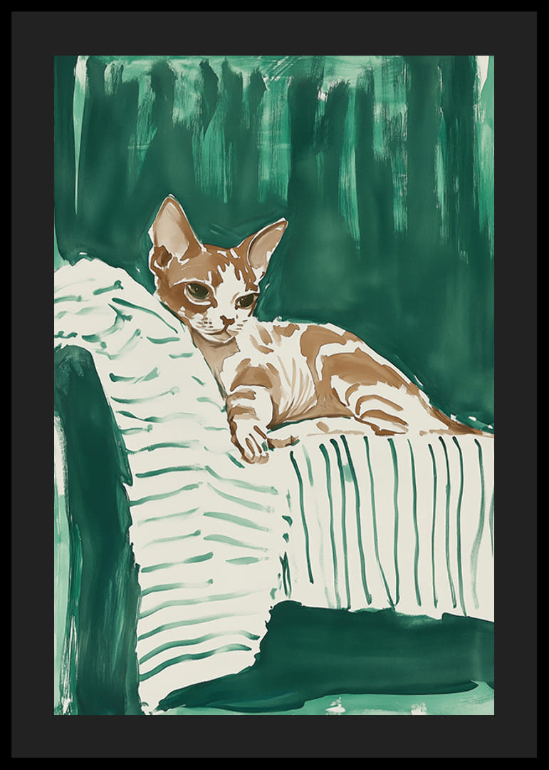 En plakat av en avslappet katt på et stripete teppe, som gir hjemmet ditt et harmonisk og stilig preg-12