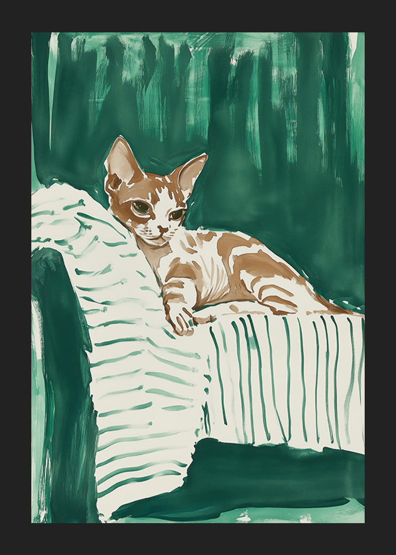 A poster of a relaxed cat on a striped blanket, giving your home a harmonious and stylish feel-12