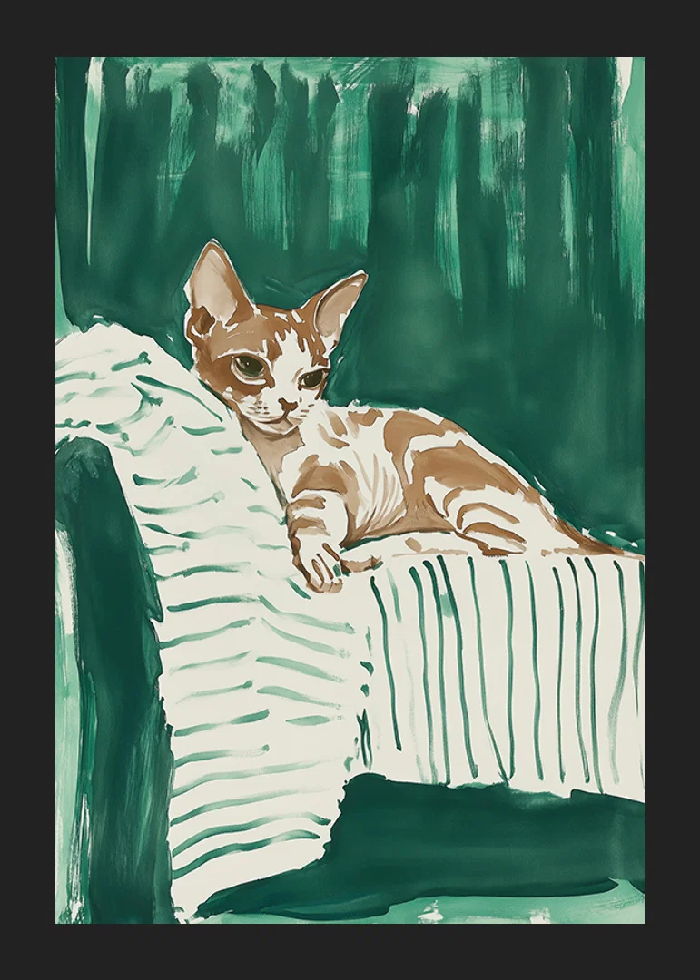 En poster av en avslappnad katt på en randig filt, som ger ditt hem en harmonisk och stilren känsla-12