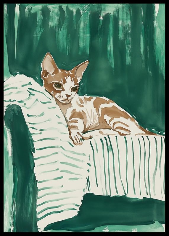 A poster of a relaxed cat on a striped blanket, giving your home a harmonious and stylish feel-12