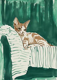 En poster av en avslappnad katt på en randig filt, som ger ditt hem en harmonisk och stilren känsla-7