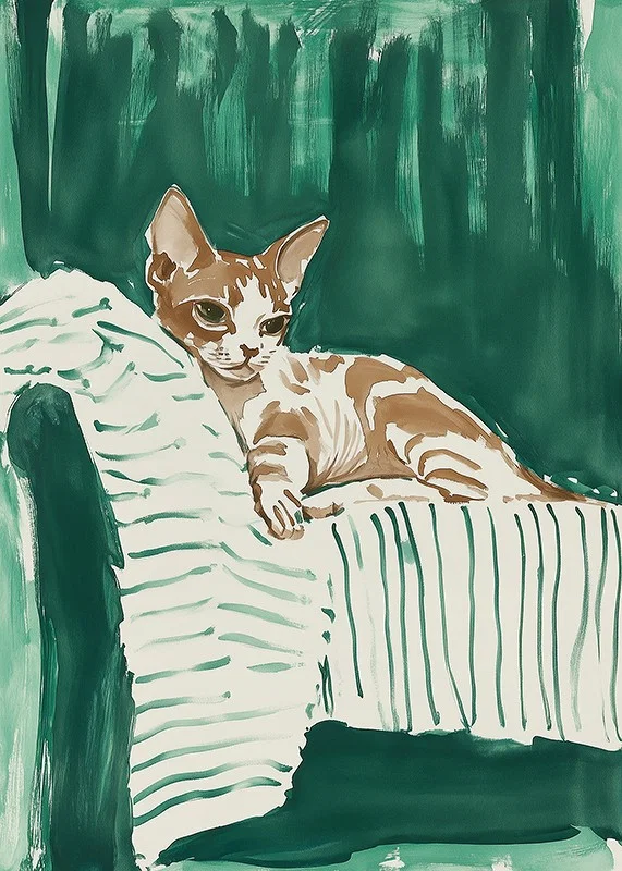 En poster av en avslappnad katt på en randig filt, som ger ditt hem en harmonisk och stilren känsla-12