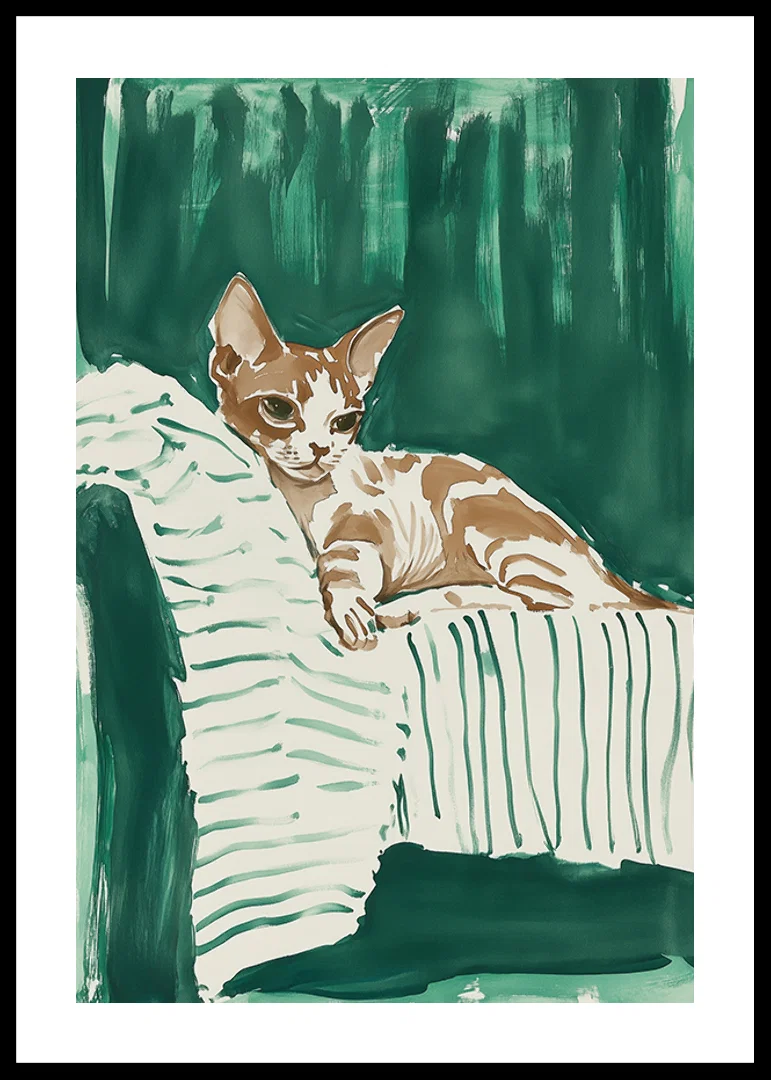 En poster av en avslappnad katt på en randig filt, som ger ditt hem en harmonisk och stilren känsla-12