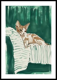 A poster of a relaxed cat on a striped blanket, giving your home a harmonious and stylish feel-0