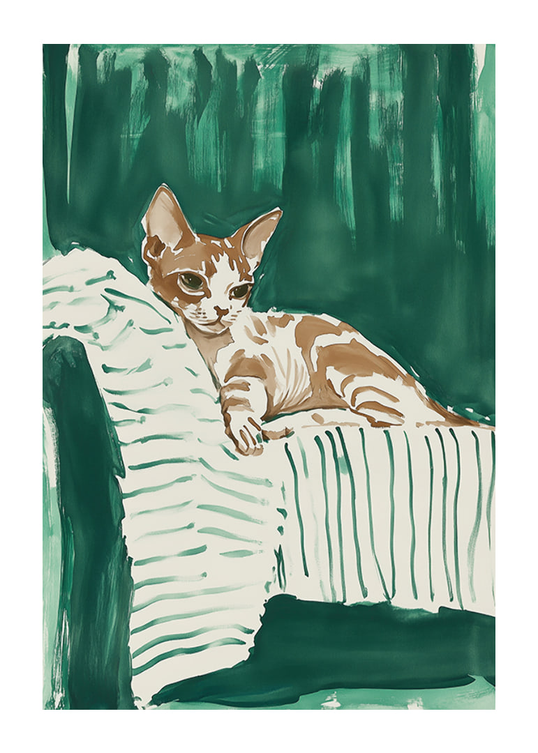 A poster of a relaxed cat on a striped blanket, giving your home a harmonious and stylish feel-12
