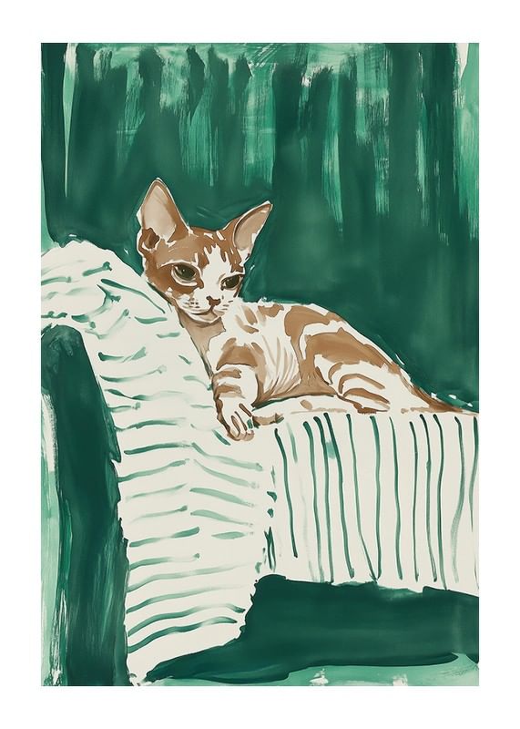 A poster of a relaxed cat on a striped blanket, giving your home a harmonious and stylish feel-12