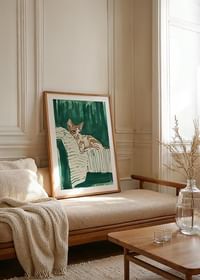 A poster of a relaxed cat on a striped blanket, giving your home a harmonious and stylish feel-4