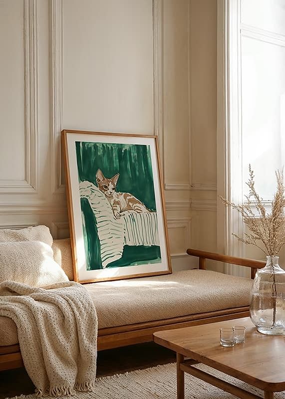 A poster of a relaxed cat on a striped blanket, giving your home a harmonious and stylish feel-12