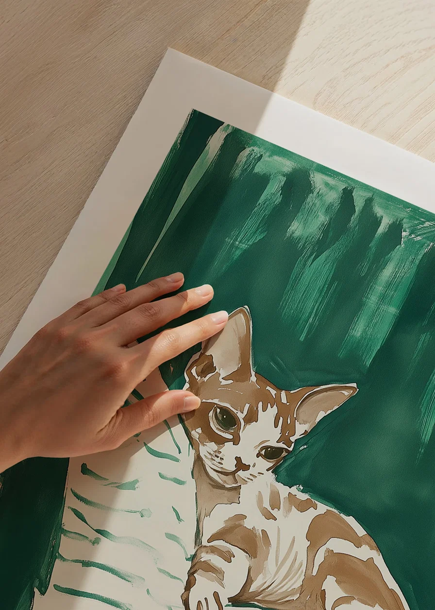 En poster av en avslappnad katt på en randig filt, som ger ditt hem en harmonisk och stilren känsla-12