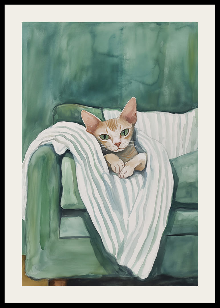 Plagát zvedavej mačky v zelenom kresle, šíri teplo a osobnosť do vášho domova-12
