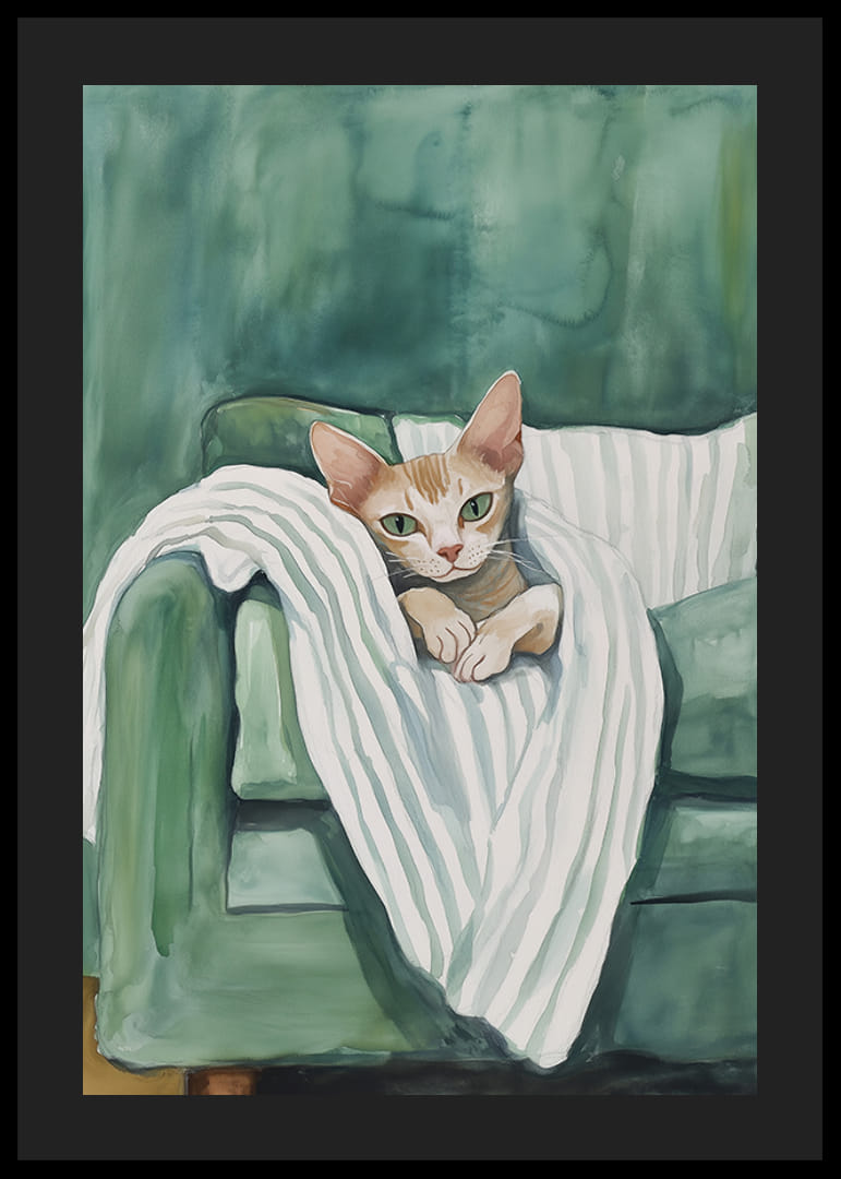 Plagát zvedavej mačky v zelenom kresle, šíri teplo a osobnosť do vášho domova-12