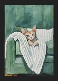 A poster of a curious cat in a green armchair, spreading warmth and personality into your home-5