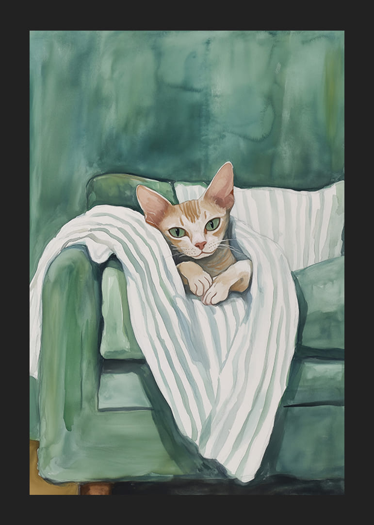 Plagát zvedavej mačky v zelenom kresle, šíri teplo a osobnosť do vášho domova-12