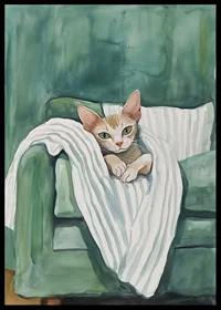 A poster of a curious cat in a green armchair, spreading warmth and personality into your home-6