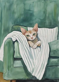 A poster of a curious cat in a green armchair, spreading warmth and personality into your home-7