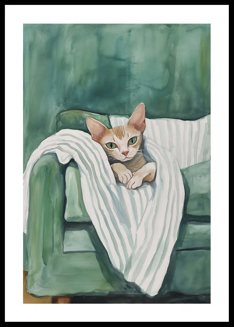 A poster of a curious cat in a green armchair, spreading warmth and personality into your home-12