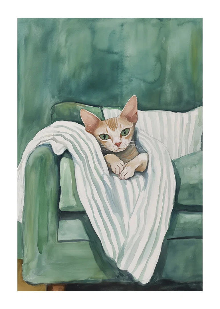 A poster of a curious cat in a green armchair, spreading warmth and personality into your home-12