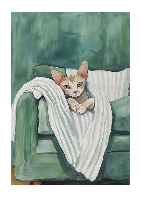 A poster of a curious cat in a green armchair, spreading warmth and personality into your home-12