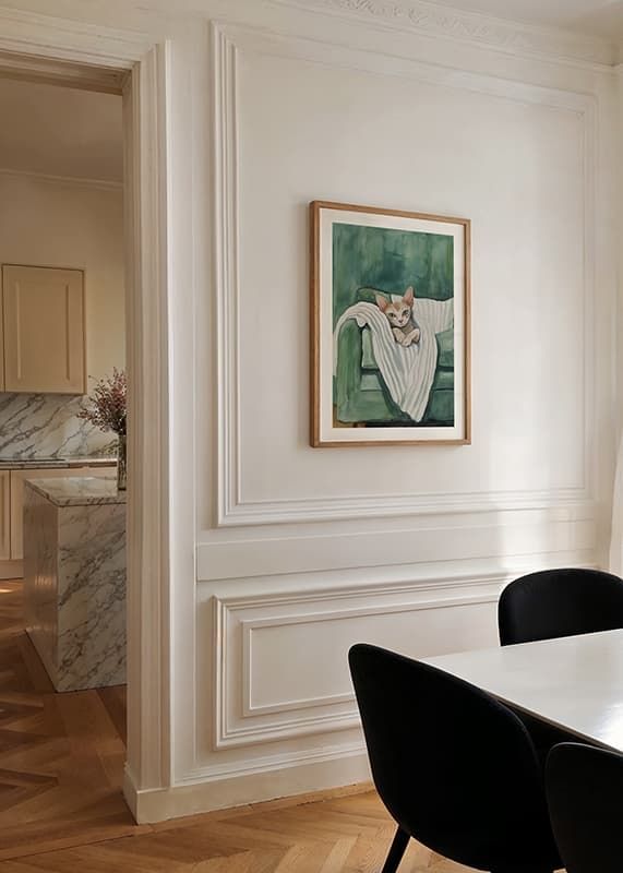 A poster of a curious cat in a green armchair, spreading warmth and personality into your home-12