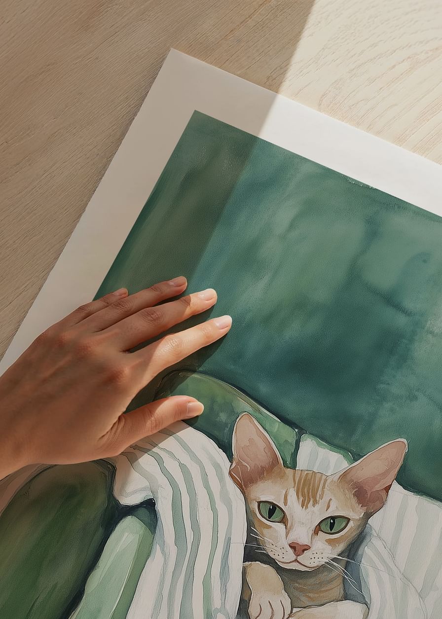 A poster of a curious cat in a green armchair, spreading warmth and personality into your home-12