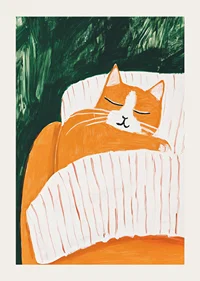 A poster of a sleeping orange cat under a striped blanket-3