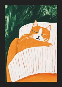 A poster of a sleeping orange cat under a striped blanket-5