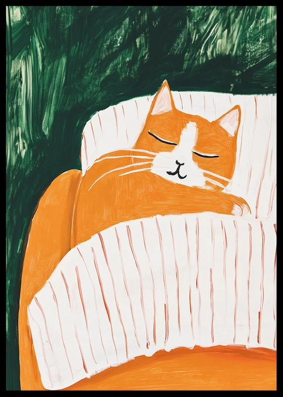 A poster of a sleeping orange cat under a striped blanket-12