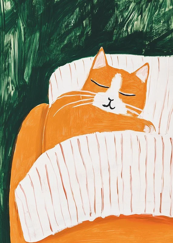 A poster of a sleeping orange cat under a striped blanket-12