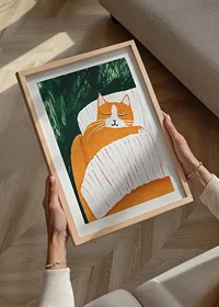 A poster of a sleeping orange cat under a striped blanket-8