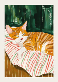 Egy alvó narancssárga macska poszter csíkos takarón, melegséget és varázst áraszt otthonába-3