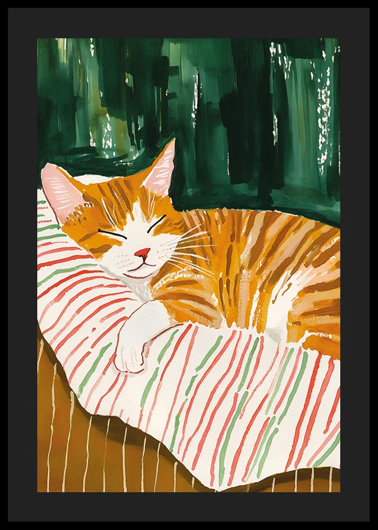 En poster av en sovande orange katt på en randig filt, som sprider värme och charm i ditt hem-12