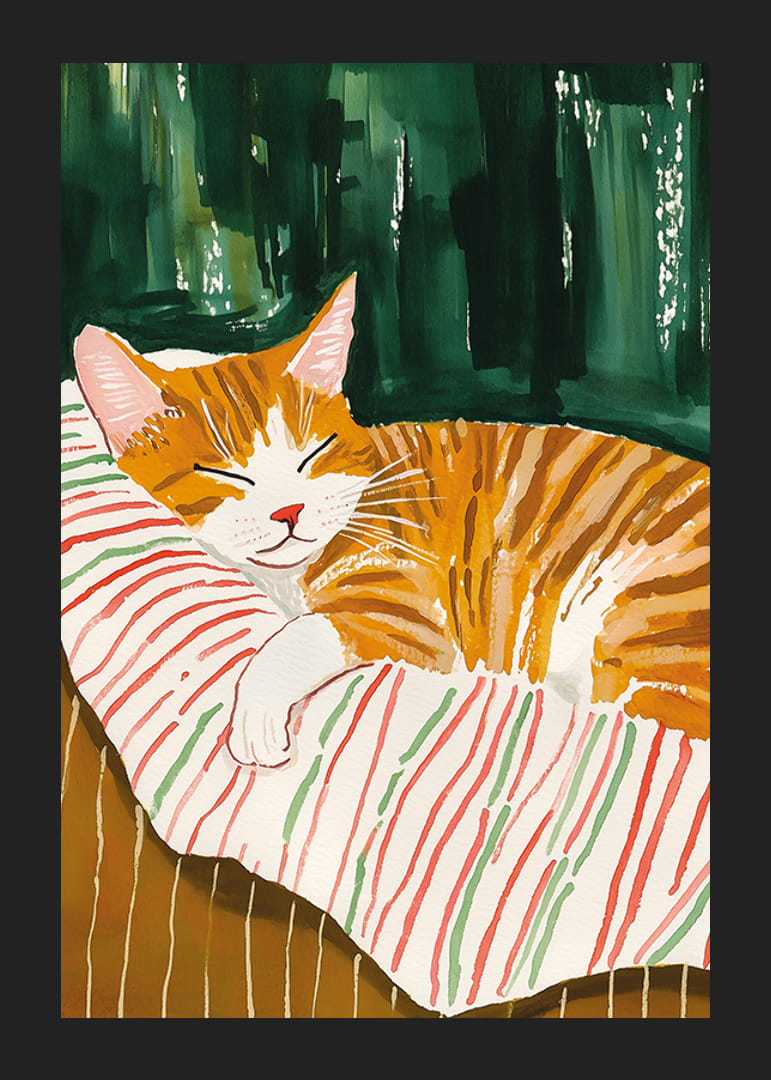 Egy alvó narancssárga macska poszter csíkos takarón, melegséget és varázst áraszt otthonába-12