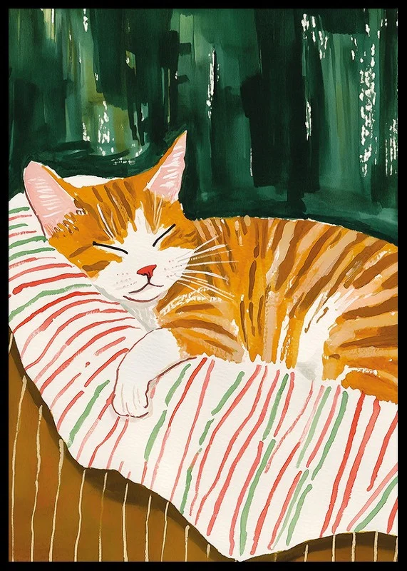 En poster av en sovande orange katt på en randig filt, som sprider värme och charm i ditt hem-12