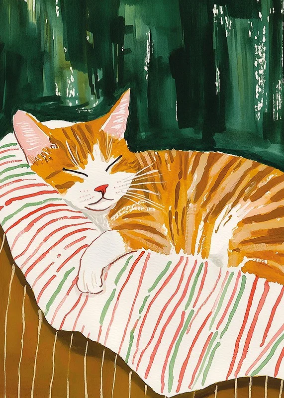 En poster av en sovande orange katt på en randig filt, som sprider värme och charm i ditt hem-12