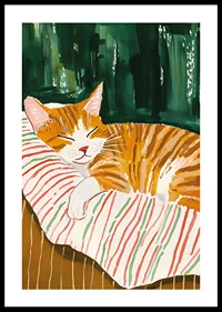 En poster av en sovande orange katt på en randig filt, som sprider värme och charm i ditt hem-0