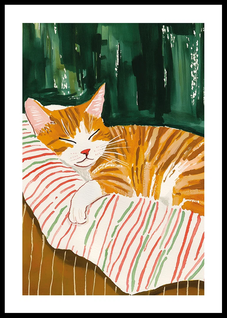 En poster av en sovande orange katt på en randig filt, som sprider värme och charm i ditt hem-12