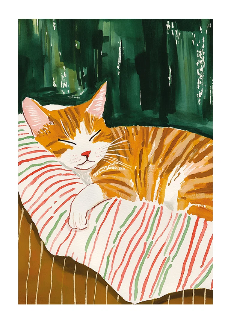 En poster av en sovande orange katt på en randig filt, som sprider värme och charm i ditt hem-12