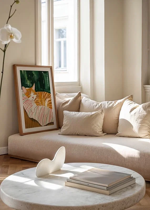 En poster av en sovande orange katt på en randig filt, som sprider värme och charm i ditt hem-12