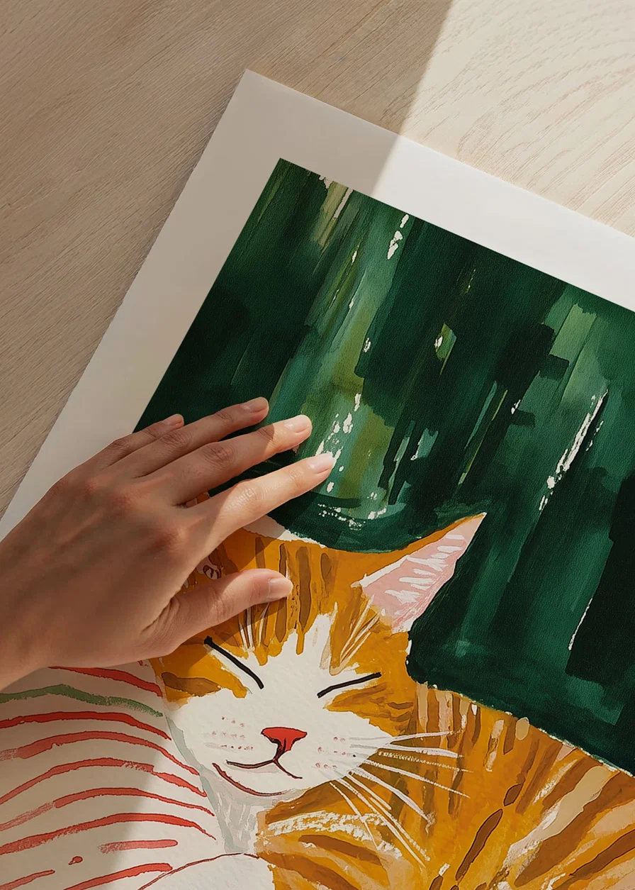 En poster av en sovande orange katt på en randig filt, som sprider värme och charm i ditt hem-12