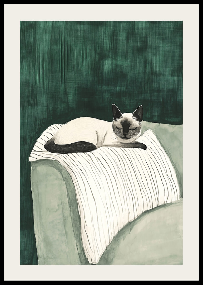 A poster of a Siamese cat resting on a striped blanket-12