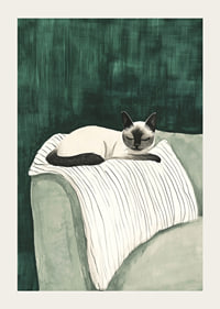A poster of a Siamese cat resting on a striped blanket-3