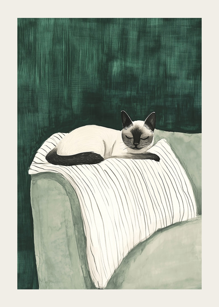 A poster of a Siamese cat resting on a striped blanket-12