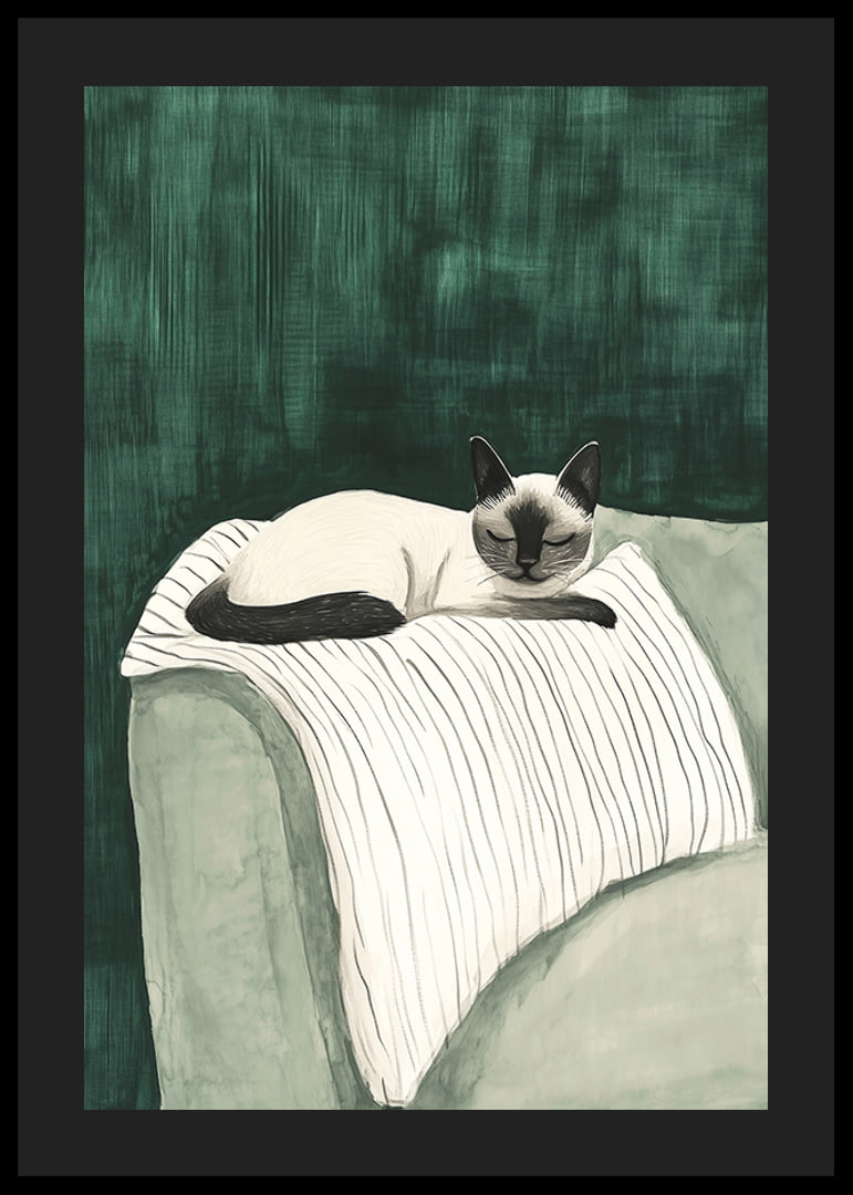 A poster of a Siamese cat resting on a striped blanket-12