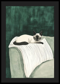 En plakat av en siameserkatt som hviler på et stripete teppe-4