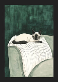 A poster of a Siamese cat resting on a striped blanket-5