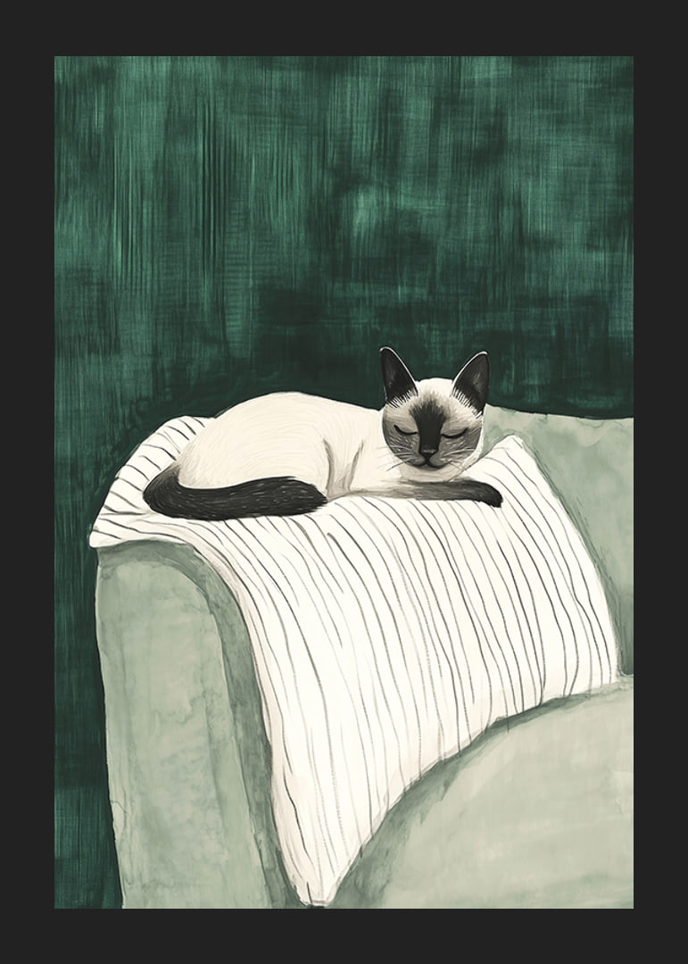 A poster of a Siamese cat resting on a striped blanket-12