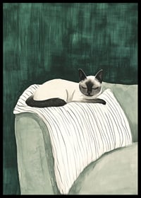 A poster of a Siamese cat resting on a striped blanket-6