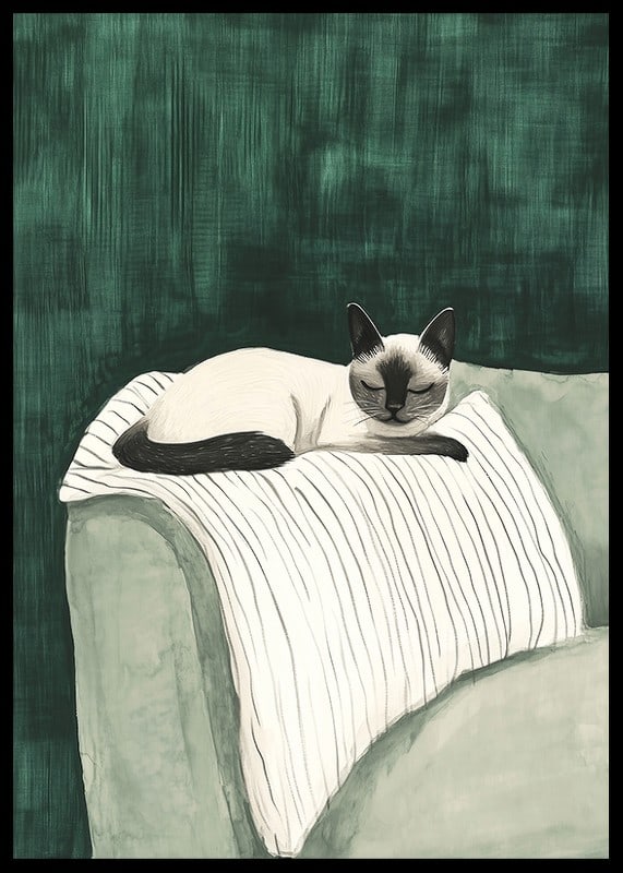 A poster of a Siamese cat resting on a striped blanket-12
