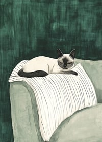 A poster of a Siamese cat resting on a striped blanket-7